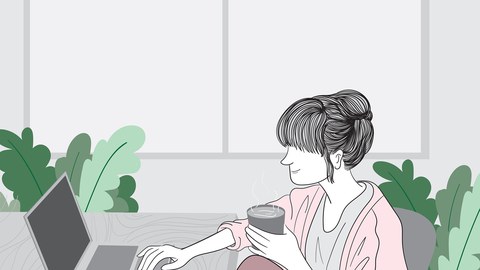 Auf der Grafik ist eine Frau zu sehen, die mit einem Kaffee in der Hand an einem Tisch sitzt. Vor ihr steht ein Laptop. Um sie herum sind Grünpflanzen.