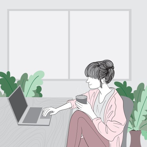 Auf der Grafik ist eine Frau zu sehen, die mit einem Kaffee in der Hand an einem Tisch sitzt. Vor ihr steht ein Laptop. Um sie herum sind Grünpflanzen.