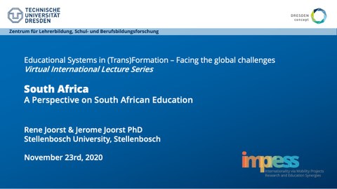 Das Bild zeigt eine Präsentationsfolie zur internationalen Vorlesungsreihe des ZLSB. Vortrag von Rene und Jerome Joorst PhD, A perspective on south african education