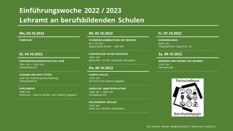 Grüner Hintergrund mit weißer Schrift. Termine der Einführungswoche des Fachschaftsrates Berufspädagogik.