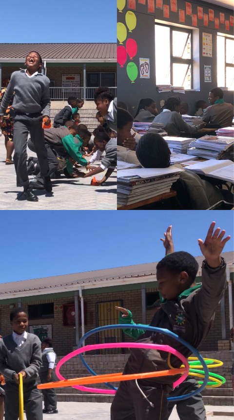 Collage aus 3 Bildern, die südafrikanische Kinder in der Schule zeigen