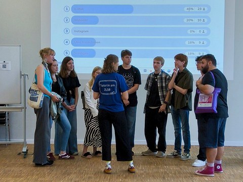 Eine Gruppe von Personen steht im Halbkreis vor einer projizierten Umfrage-Auswertung. Diese zeigt, worüber die Teilnehmenden von der Veranstaltung erfahren haben: E-Mail 45 % (23 Personen), Webseite 20 % (10 Personen), Instagram 0 %, über Freund:innen 18