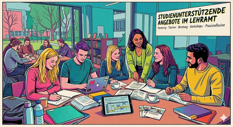 Studienunterstützende Angebote: Gruppe von Studierenden an einem Tisch.