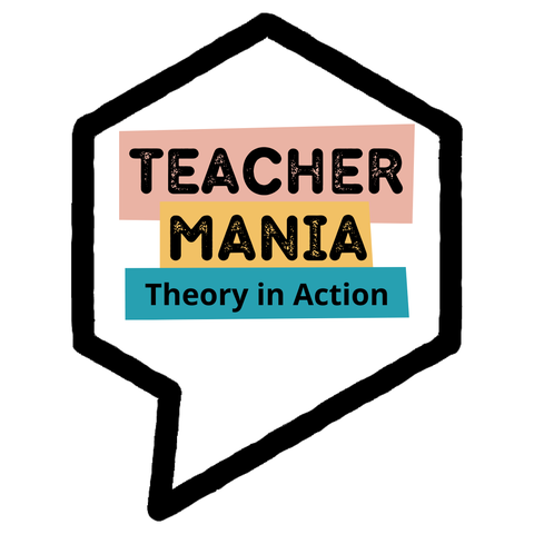 Es ist das Logo der TEACHERMANIA zu sehen, eine eckige Sprechblase mit dem Schriftzug "TEACHERMANIA" darunter ist das Motto "Theory in Action" zu lesen.