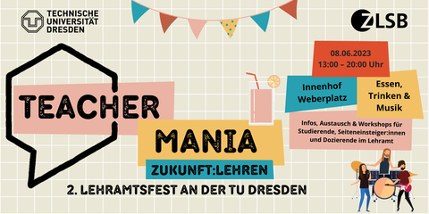 Das Bild zeigt das Logo der Teachermania, dem ersten Lehramtsfest an der TU Dresden. Auf dem Logo sind neben dem Titel "TEACHERMANIA" und den Logos der TU Dresden sowie des ZLSB auch eine Musikband und eine Wimpelkette zu sehen.
