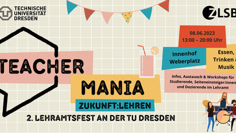 Das Bild zeigt das Logo der Teachermania, dem ersten Lehramtsfest an der TU Dresden. Auf dem Logo sind neben dem Titel "TEACHERMANIA" und den Logos der TU Dresden sowie des ZLSB auch eine Musikband und eine Wimpelkette zu sehen.