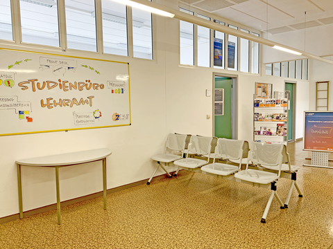 Bild des Ganges im 2. Obergeschoss im Seminargebäude 2. Auf einer großen Tafel steht "Studienbüro Lehramt". 2 Sitzbänke, Aufsteller mit Informationsflyern und eine offene Tür zum Front Desk sind zu sehen.
