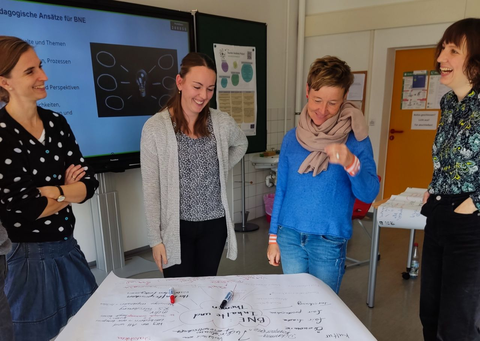 Foto: Vier Personen stehen rund um einen Tisch, auf dem ein Plakat mit handschriftlichen Notizen liegt.