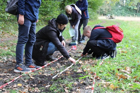 Foto: Eine Gruppe von Jugendlichen hantiert auf einer Wiese mit Zollstock und Absperrband.