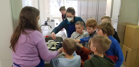 Foto: 9 Kinder und Jugendliche arbeiten gemeinsam in einer Küche.