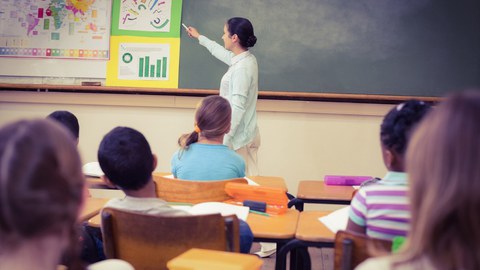 Das Foto zeigt einen Klassenraum aus der Schülerperspektive. Im Vordergrund sitzen die Kinder an ihren Tischen und schauen zu der Lehrerin. Diese steht vor der Klasse und zeigt mit ihrer Kreide an Plakate an der Tafel.