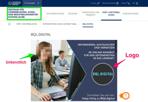 Das Bild zeigt einen Ausschnitt der BQL.Digital-Webseite. Mithilfe von Skitch wurden Annotationen vorgenommen: der Text "ZENTRUM FÜR LEHRERBILDUNG, SCHUL- UND BERUFSBILDUNGS­FORSCHUNG (ZLSB)" oben links ist grün umrandet, in einem eingefügten Bild auf der Webseite zeigt ein Pfeil mit dem Text "Logo" auf das BQL.Digital-Logo, ein Pfeil mit Ausrufezeichen zeigt auf den Link zum OPAL-Kurs von BQL.Digital und ein Pfeil mit Text "Unkenntlich" zeigt auf eine Frau, deren Gesicht verpixelt wurde.