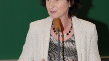 Bild von einer Frau, die vor einer Tafel an einem Pult mit Mikrofon steht und spricht.