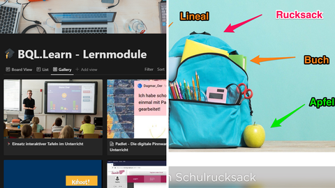 Das Bild ist in zwei Bilder, getrennt durch einen vertikalen weißen Strich, unterteilt. Auf der linken Seite zeigt das Bild die App Notion mit einer beispielhaften Darstellung von vier Lernmodulen mit Bild und Text. Auf der rechten Seite zeigt das Bild einen blauen geöffneten Schulrucksack mit verschiedenen Utensilien (Stifte, Schere, Bücher, Lineal). Neben dem Rucksack zeigen vier Pfeile auf verschiedene Sachen: Apfel, Buch, Rucksack und Lineal.