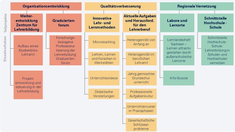 Abbildung zur Struktur von TUD-Sylber mit den 3 Schwerpunkten "Organisationsentwicklung", "Qualitätsverbesserung" und "Regionale Vernetzung".