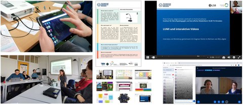 Abgebildet sind mehrere Angebote der Koordinierungsstelle Digitalisierung & BQL.Digital (Video-Tutorials, Mediensteckbriefe, Online-Sprechstunden, Stationen-Workshops, Live-Veranstaltungen, Selbstlernmodule)