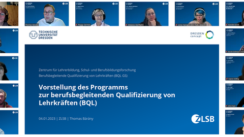 Abgebildet sind die Startfolie zur Vorstellung des Programms zur Berufsbegleitenden Qualifizierung von Lehrkräften, sowie die 14 Ansprechpersonen des BQL-Programms am ZLSB, die sich per Zoom-Konferenz dazugeschaltet haben