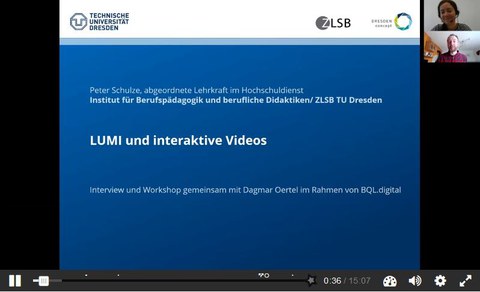 Screenshot aus dem interaktiven Video zu H5P und Lumi - zu sehen ist die Startfolie mit Titel und die zwei Dozent:innen