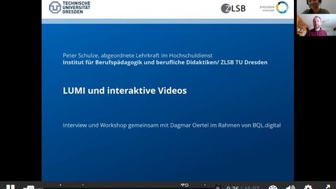 Screenshot aus dem interaktiven Video zu H5P und Lumi - zu sehen ist die Startfolie mit Titel und die zwei Dozent:innen