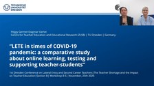 Screenshot eines Computerbildschirms. Darauf sind 2 Webcambilder aus einer Videokonferenz zu sehen sowie eine Präsentationsfolie mit dem Text "LETE in times of COVID-19 pandemic (...)
