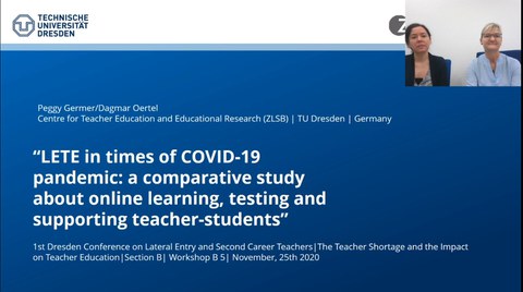 Screenshot eines Computerbildschirms. Darauf sind 2 Webcambilder aus einer Videokonferenz zu sehen sowie eine Präsentationsfolie mit dem Text "LETE in times of COVID-19 pandemic (...)