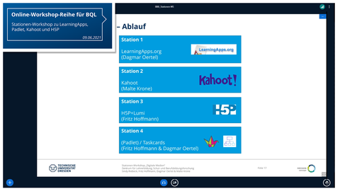 Stationenworkshop mit Übersicht über die 4 Tools Padlet/TaskCard, H5P, Kahoot und LearningApps in BBB über geteilten Folien