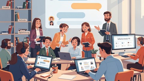 Grafik zeigt comichafte Personen, die einem Seminarraum zusammensitzen und eine Fortbildung zu KI besuchen