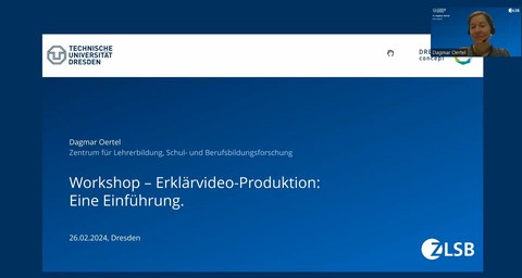 Das Foto zeigt einen Screenshot einer Präsentation mit dem Titel: "Workshop - Erklärvideo-Produktion: eine Einführung"