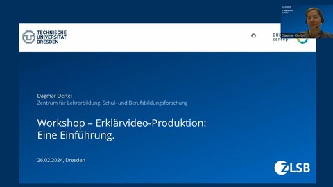 Das Foto zeigt einen Screenshot einer Präsentation mit dem Titel: "Workshop - Erklärvideo-Produktion: eine Einführung"