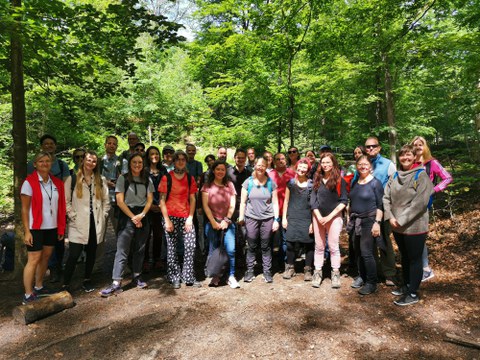 Gruppenbild von ca. 30 Erwachsenen in einem Wald