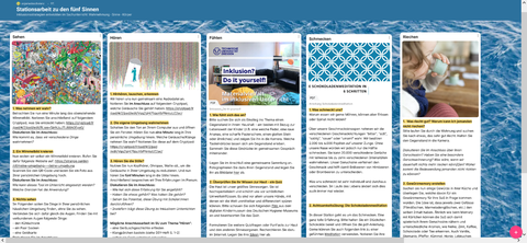 Aufgabenpadlet mit Informationen zu den Sinnen Sehen, Hören, Fühlen, Schmecken und Riechen