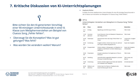 Präsentationfolie mit Informationen zu KI-generierter Unterrichtsplanung
