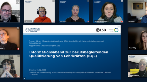 Titelfolie mit Text "Informationsabend zur berufsbegleitenden Qualifizierung von Lehrkräften (BQL) mit anwesenden Personen vom LaSuB, Projektkoordinator BQL, Projektleitung BQL-GS und Fachkoordinator:innen