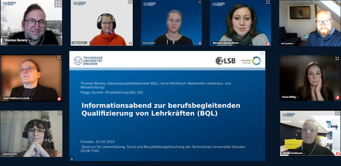 Titelfolie mit Text "Informationsabend zur berufsbegleitenden Qualifizierung von Lehrkräften (BQL) mit anwesenden Personen vom LaSuB, Projektkoordinator BQL, Projektleitung BQL-GS und Fachkoordinator:innen