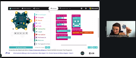 Screenhot einer Videokonferenz, in der gerade die Funktionsweise eines Minicomputers erklärt wird.