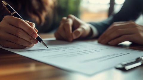 Auf dem Bild sieht man die Hand einer Person, die mit einem Stift einen Vertrag unterzeichnet. Rechts daneben sind zwei weitere Hände zu sehen.