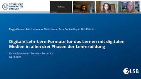 Das Bild zeigt eine Präsentationsfolie zum Thema "Digitale Lehr- und Lernformate für das Lernen mit digitalen Medien in allen drei Phasen der Lehrerbildung" sowie das Moderationsteam beim Bremer Symposium.