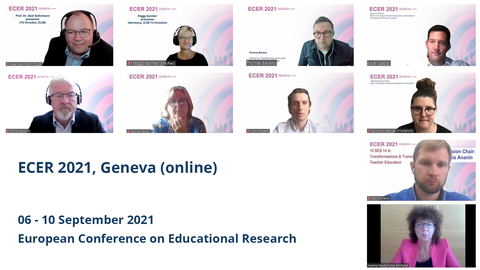 Teilnehmende an der ECER 2021: v.o.l.n.u.r. Prof. Dr. Axel Gehrmann, Peggy Germer, Thomas Bárány & Dr. Jakob Kost; Dr. Conor Galvin, Dr. Rachel Farrell, Liam Fogarty & Mehida Salihovic; Dr. Denis Ananin; Prof. Dr. Joanna Madalińska-Michalak 