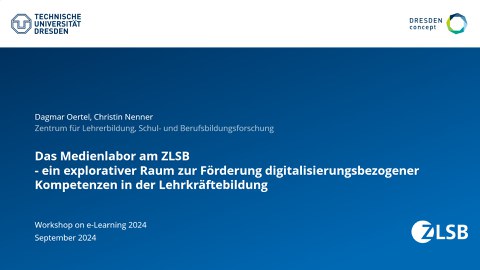 Präsentations-Titelfolie zum Round-Table-Format mit dem Titel: „Das Medienlabor am ZLSB - ein explorativer Raum zur Förderung digitalisierungsbezogener Kompetenzen in der Lehrkräftebildung“