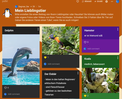 Es ist ein Screenshot zu dem Padlet "Mein Lieblingstier" abgebildet, auf dem Teilnehmende Bilder und Fakten zu ihrem Lieblingstier posten können.