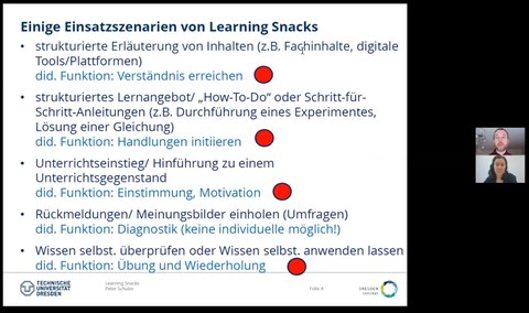 Das Bild zeigt schriftlich mehrere Einsatzszenarien von LearningSnacks. Es ist ein Screenshot aus einer Videokonferenz, man sieht auch die beiden Dozierenden abgebildet