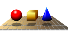 Grafik, in der eine rote Kugel, ein goldener Würfel und ein blauer Zylinder über einer fliesenartigen Fläche schweben.
