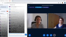 Auf dem Bild sehen Sie eine Abbildung einer typischen Online-Sprechstunde in dem Tool BigBlueButton. Es sind zwei Dozentinnen zu sehen; der Chat ist ausgegraut aus Datenschutzgründen.