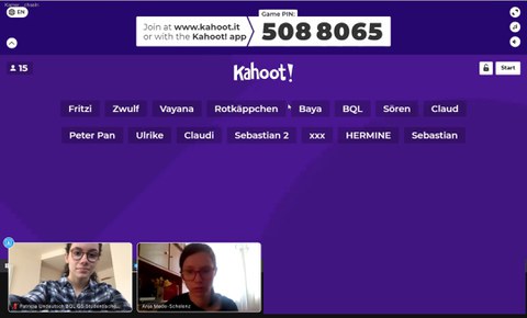 Das Bild ist ein Screenshot von der des Kahoot-Quizzes aus der feierlichen Verabschiedung. Unten links sind Dozierende abgebildet.