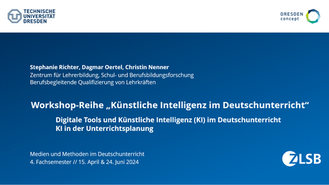 Titelfolie einer Präsentation namens "Workshop-Reihe 'Künstliche Intelligenz im Deutschunterricht'"