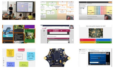 Auf dem Bild sind in 9 Kacheln verschiedene Selbstlernmodule zu digitalen Tools für den Unterricht zu sehen.