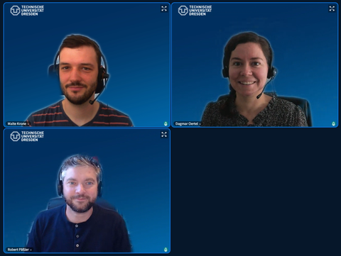 Videokonferenz mit dem Team BQL.Digital: Malte, Dagmar und Robert