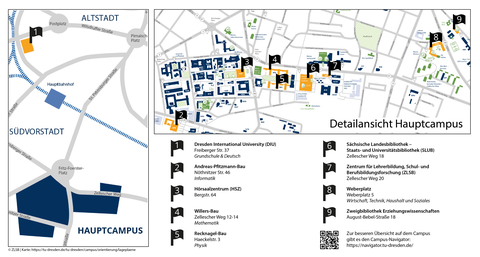 Bild der Campusübersicht zu den wichtigsten Orten in der Berufsbegleitenden Qualifizierung von Lehrkräften an der TU Dresden (Seiteneinstiegspro­gramm).