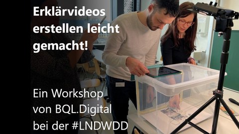 Der Erklärvideo-Workshop von BQL.Digital wird symboliert durch 3 Personen, die gerade an einer Trickfilmbox stehen und mit dem Tablet ein Legetechnik-Video aufzeichnen.