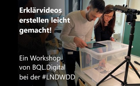 Der Erklärvideo-Workshop von BQL.Digital wird symboliert durch 3 Personen, die gerade an einer Trickfilmbox stehen und mit dem Tablet ein Legetechnik-Video aufzeichnen.